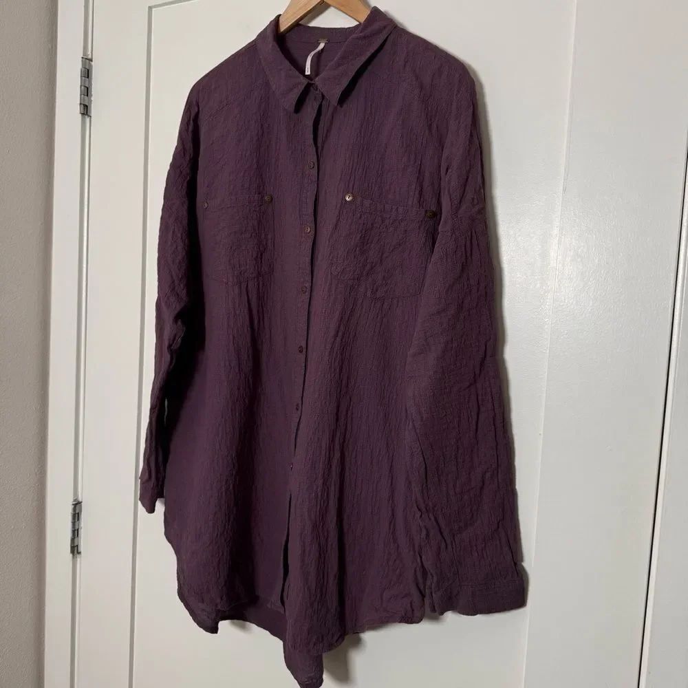 Free People Love Her Madly Shirt Sz M Purple Oversized Button Up Puckered Boho - Picture 2 of 11